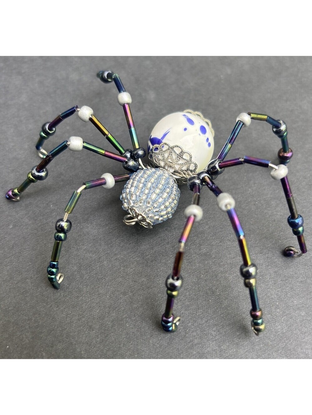 Black Rainbow Beaded Spider With Blue And White Beads Spidercore Decor 2.75"